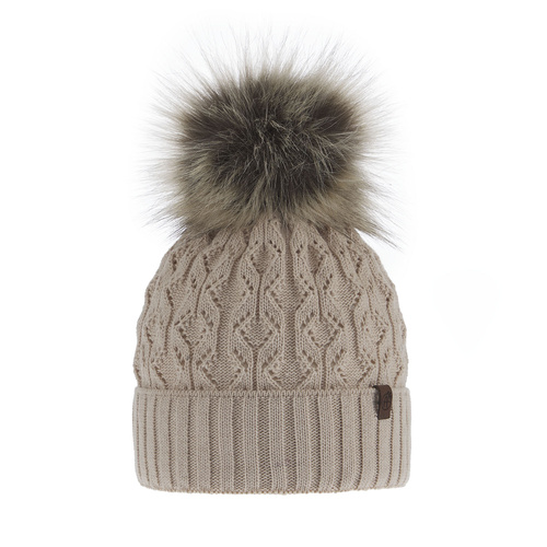 Berretto invernale donna, beige, con pompon, Katty