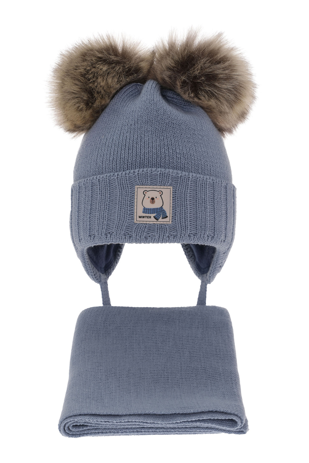 Set invernale bambino: berretto e sciarpa, blu, con due pon pon, con lacci, Jewel