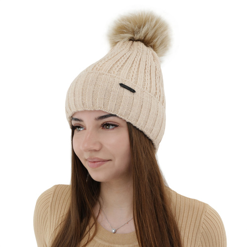 Berretto invernale donna, beige, con pompon, Karizma
