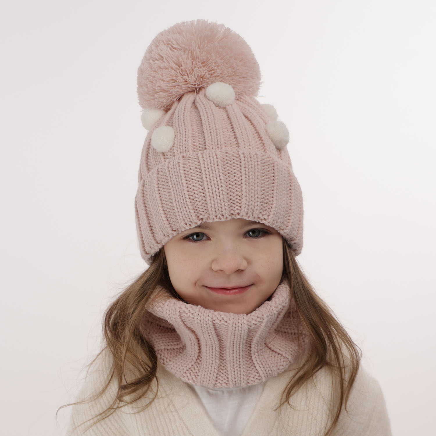Set invernale bambina: berretto e scaldacollo, bianco, con pompon, Hekate
