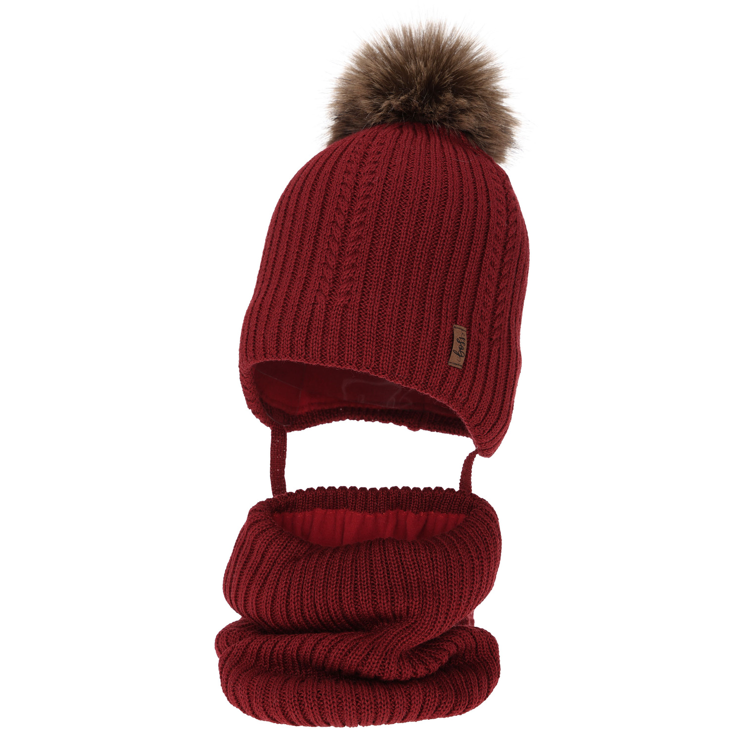 Set invernale bambino: berretto e scaldacollo, bordato, 100% Lana Merino, con lacci, Zongo