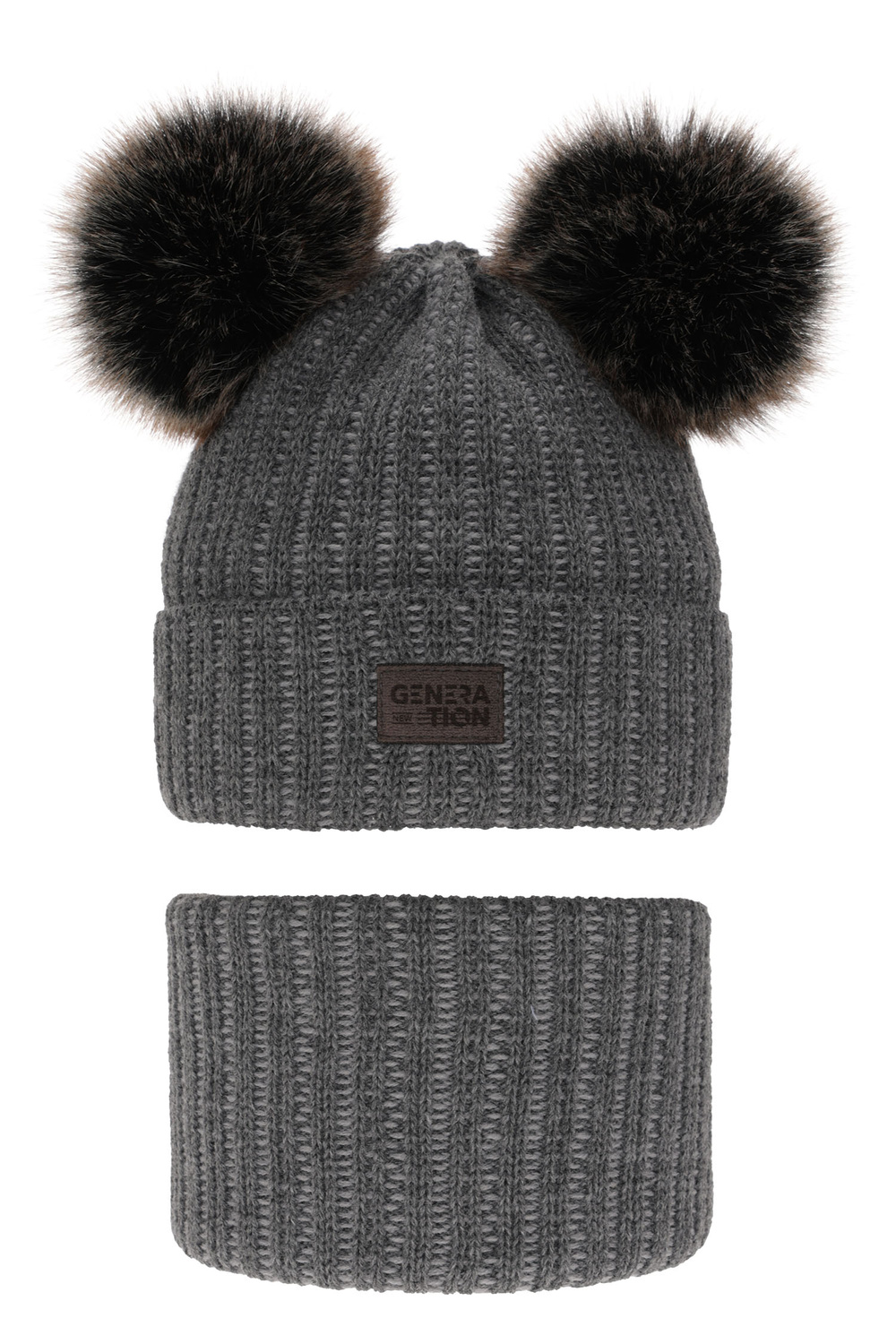 Set invernale bambino: berretto e scaldacollo, grigio, con due pon pon, Tokio