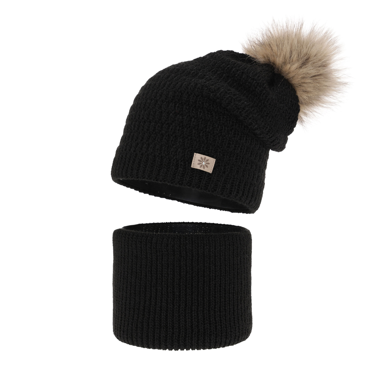 Set invernale bambina: berretto e scaldacollo, nero, con pompon, Germina