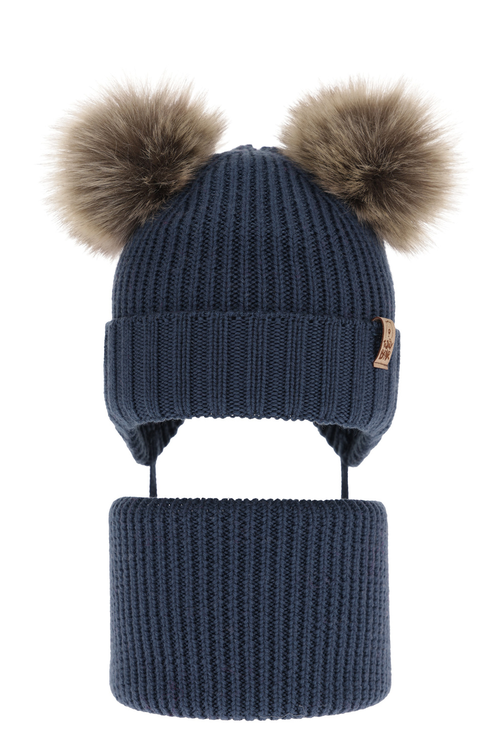 Set invernale bambino: berretto e scaldacollo, blu scuro, 100% Lana Merino, con lacci, Konor