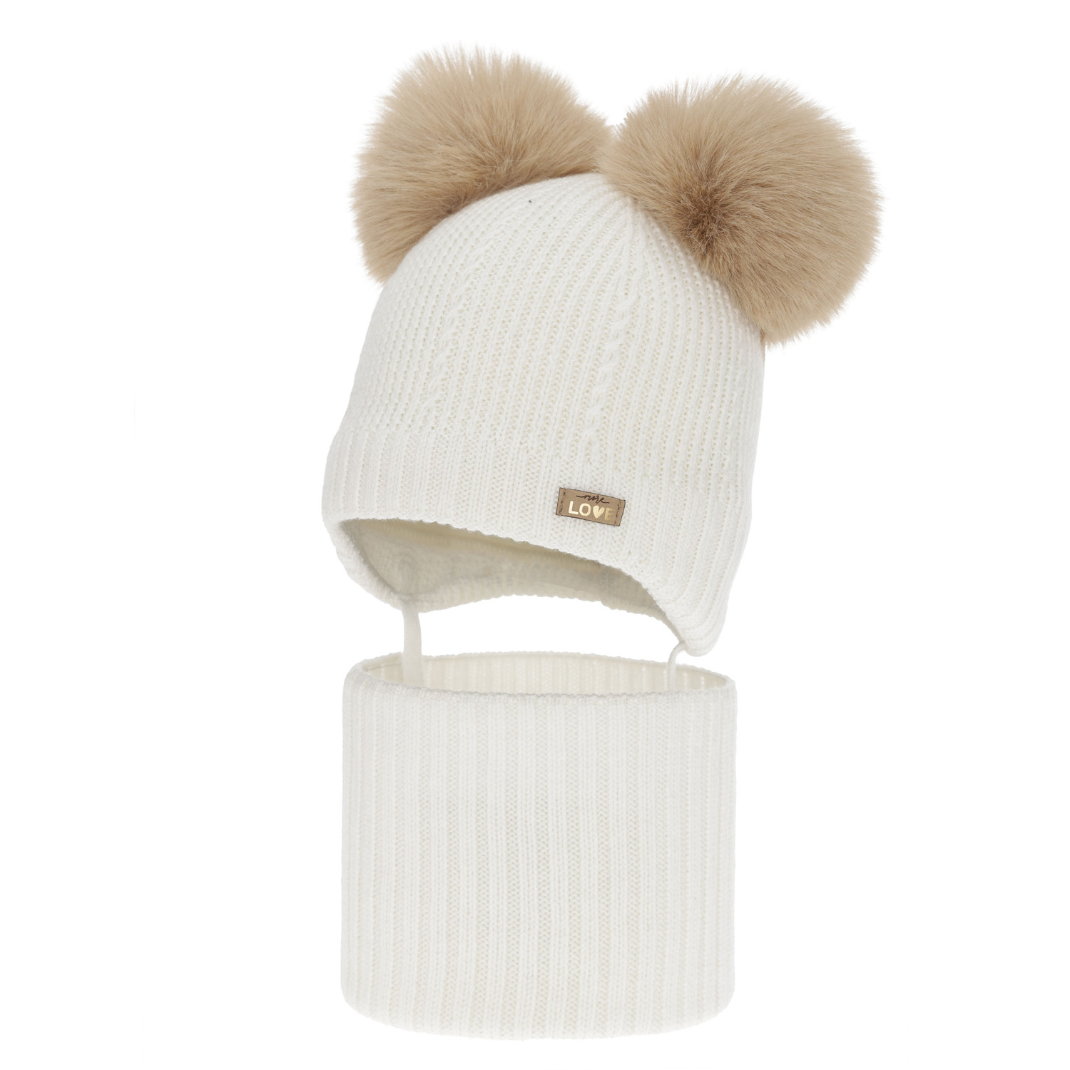 Set cappello e scaldacollo bambina, invernale, bianco, 100% lana merino, foderato pile di lana, Lumia