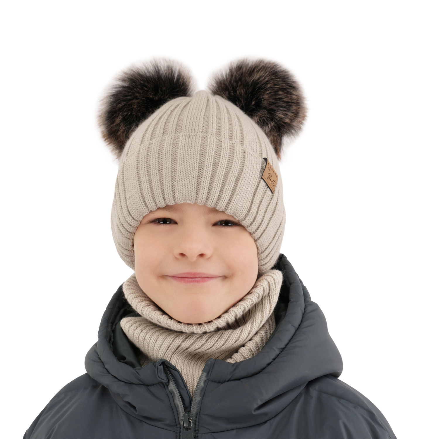 Set invernale bambino: berretto e scaldacollo, grigio chiaro, con due pon pon, Bilard