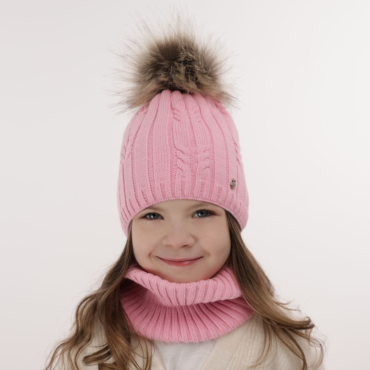Set invernale bambina: berretto e scaldacollo, rosa, con pompon, Amaltea