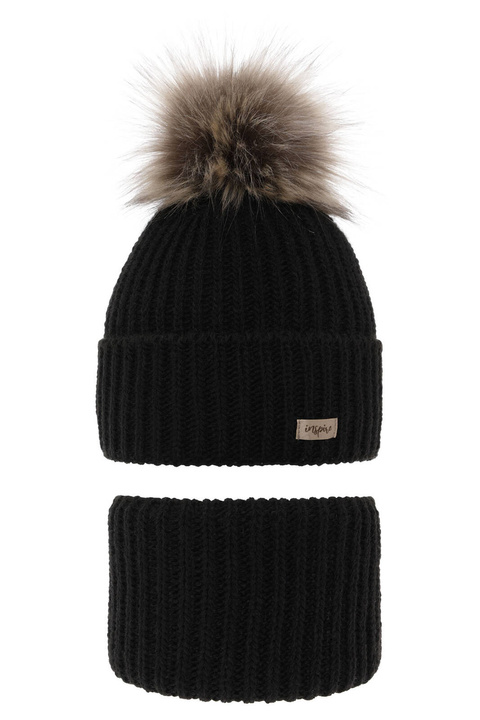 Set invernale bambina: berretto e scaldacollo, nero, con pompon, Willow