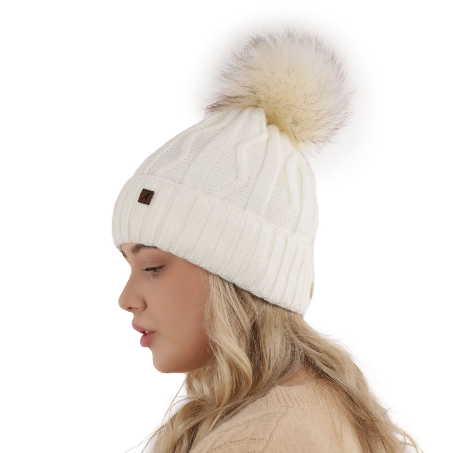 Berretto invernale donna, beige, con pompon, Renika