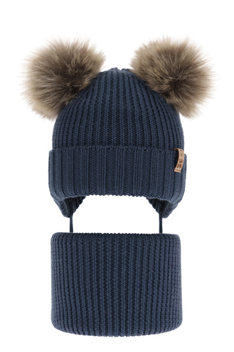 Set invernale bambino: berretto e scaldacollo, blu scuro, 100% Lana Merino, con lacci, Konor