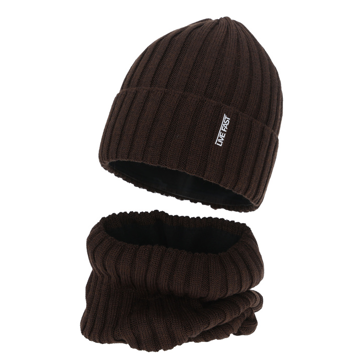 Set invernale bambino (berretto e scaldacollo), marrone, con lana merino, foderato in pile, Banasko