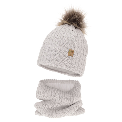 Set invernale bambina: berretto e scaldacollo, grigio chiaro, con pompon, 100% Lana Merino, Aprilia