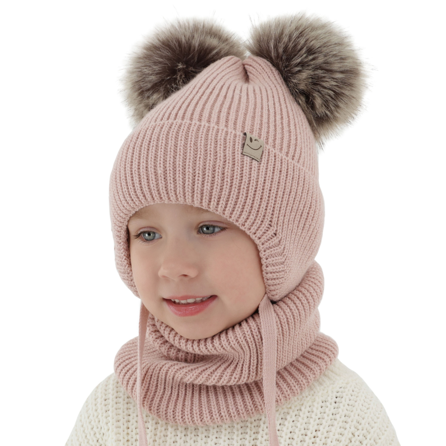 Set invernale bambina: berretto e scaldacollo, beige, con due pon pon, con lacci, Zori