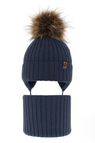 Set invernale bambino: berretto e scaldacollo, blu, con lacci, 100% Lana Merino, Juno