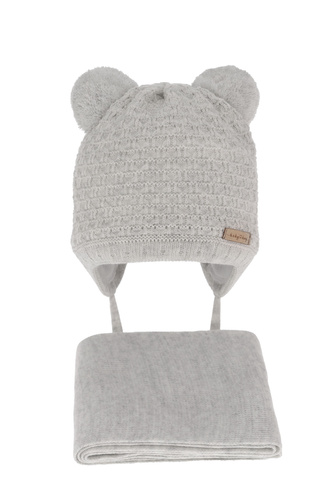 Set invernale bambino: berretto e sciarpa, grigio, con due pon pon, con lacci, Franki