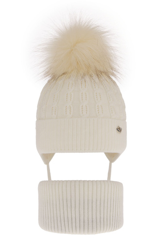 Set invernale bambina: berretto e scaldacollo, crema, con pompon, Tukana