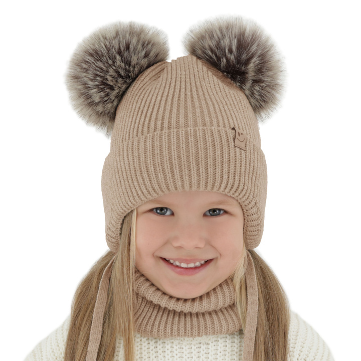 Set invernale bambina: berretto e scaldacollo, beige, con due pon pon, con lacci, Zori