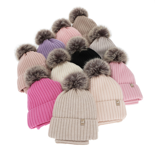 Set invernale bambina: berretto e scaldacollo, rosa, 100% Lana Merino, foderato in cotone, con pompon, Terida