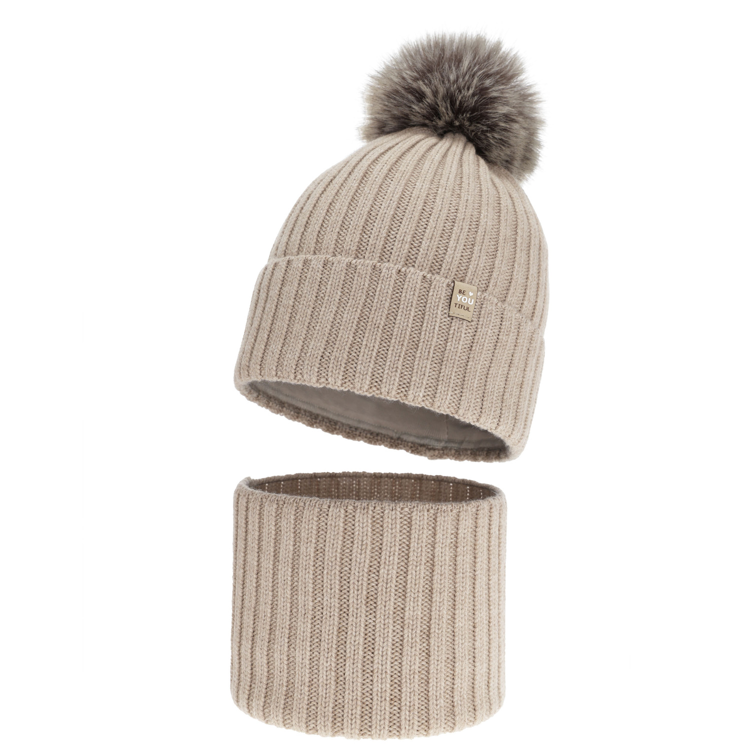 Set invernale bambina: berretto e scaldacollo, beige, 100% Lana Merino, foderato in cotone, con pompon, Terida