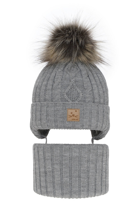 Set invernale bambina: berretto e scaldacollo, grigio, con pompon, Aida