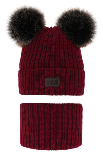 Set invernale bambino: berretto e scaldacollo, rosso, con due pon pon, Tokio