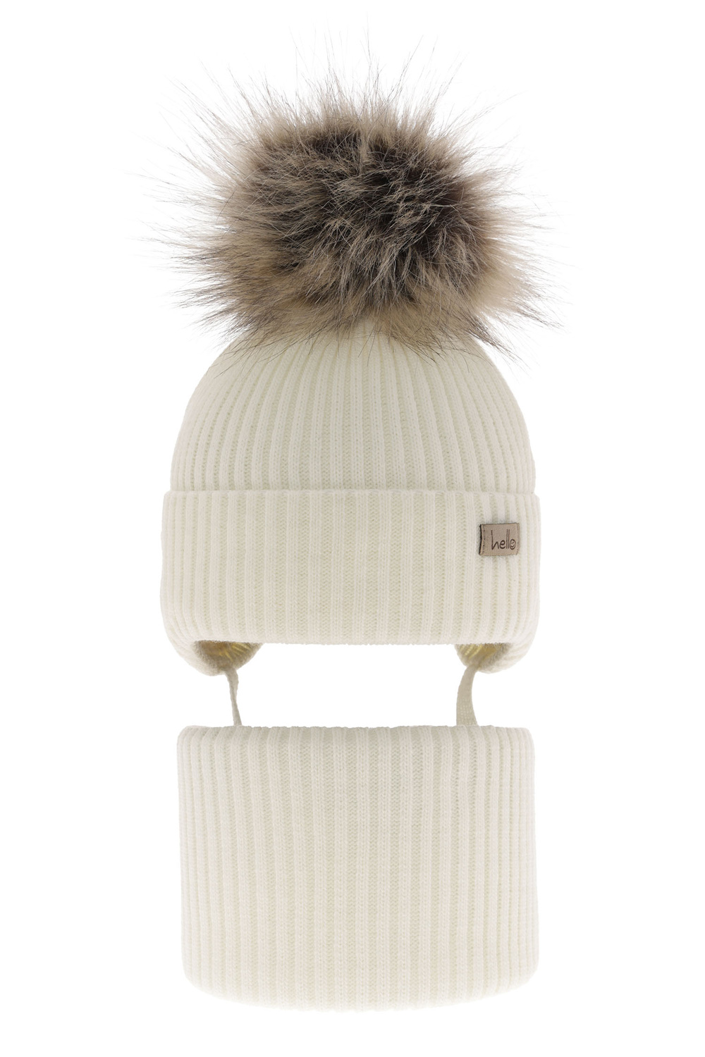 Set invernale bambina: berretto e scaldacollo, crema, con pompon, con lacci, Bria