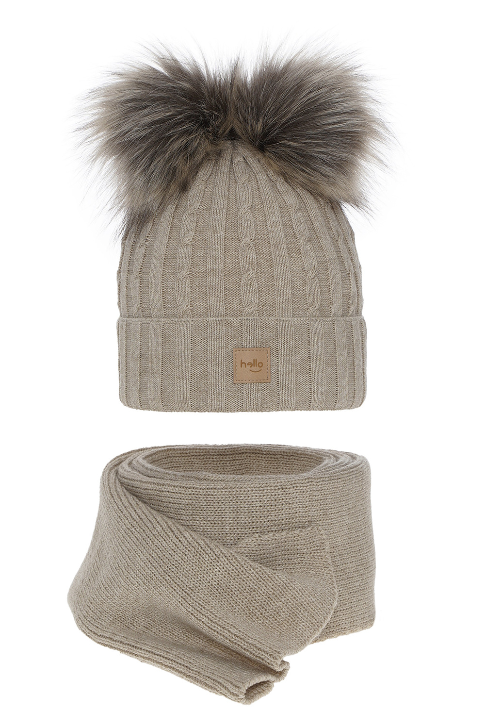 Set invernale bambina: berretto e sciarpa, beige, con due pon pon, Zenda