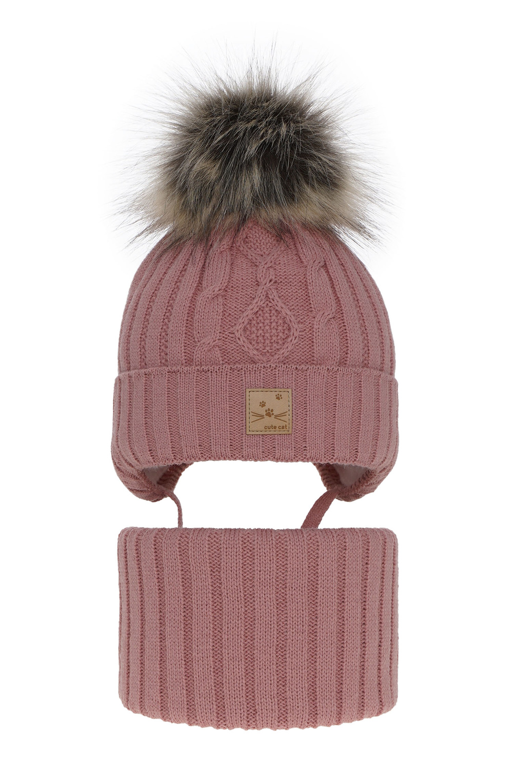 Set invernale bambina: berretto e scaldacollo, rosa, con pompon, Aida