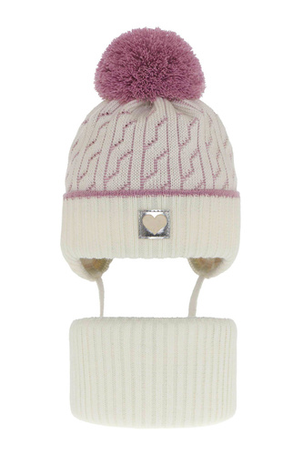 Set invernale bambina: berretto e scaldacollo, crema, con pompon, Natka