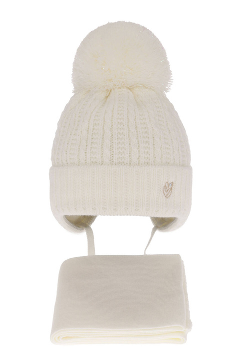 Set invernale bambina: berretto e sciarpa, crema, con lacci, con pompon, Marisa