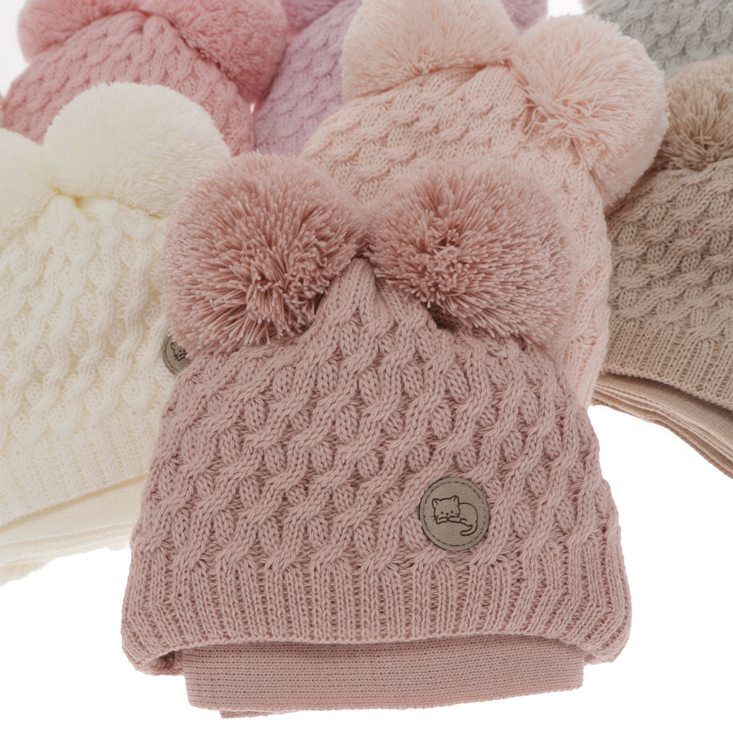 Set invernale bambina: berretto e sciarpa, rosa, con due pon pon, con lacci, Anava