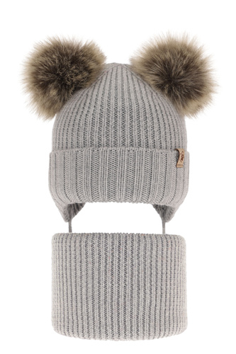 Set invernale bambina: berretto e scaldacollo, grigio, con due pon pon, 100% Lana Merino, Silvia