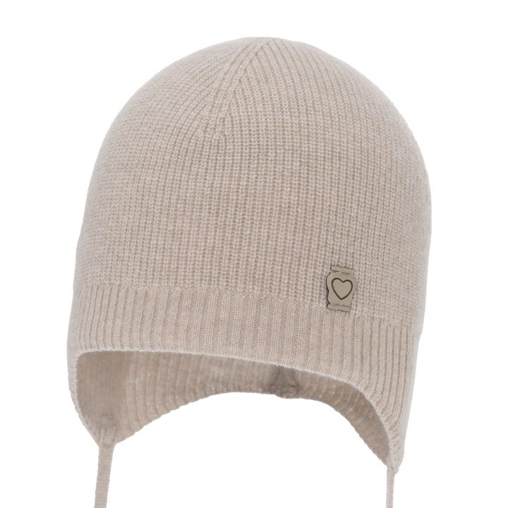 Berretto autunno/primavera bambina, beige, lana merino con cashmere, con lacci, Orida