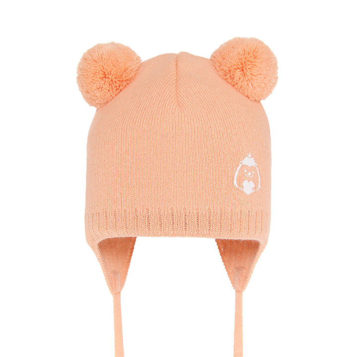 Berretto autunno/primavera bambina, arancione, con due pon pon, con lacci, Bunia