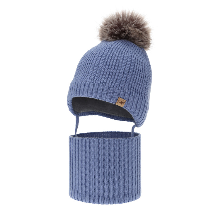 Set cappello e scaldacollo bambino, invernale, blu, 100% lana merino, foderato pile di lana, con lacci Danny