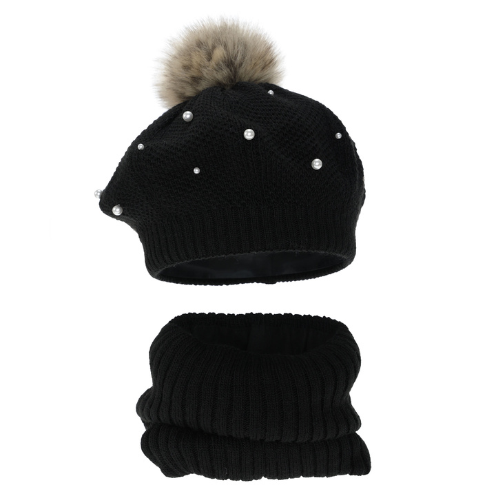 Set invernale bambina (berretto e scaldacollo), foderato in pile, crema, con pompon, Jeanette