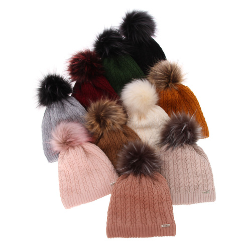 Berretto invernale donna, bordò, con pompon, 100% Lana Merino, Satina