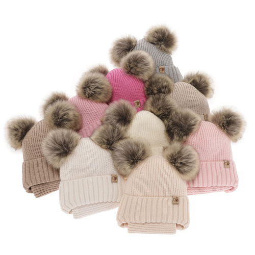 Set invernale bambina: berretto e scaldacollo, beige, con due pon pon, 100% Lana Merino, con lacci, Silvia