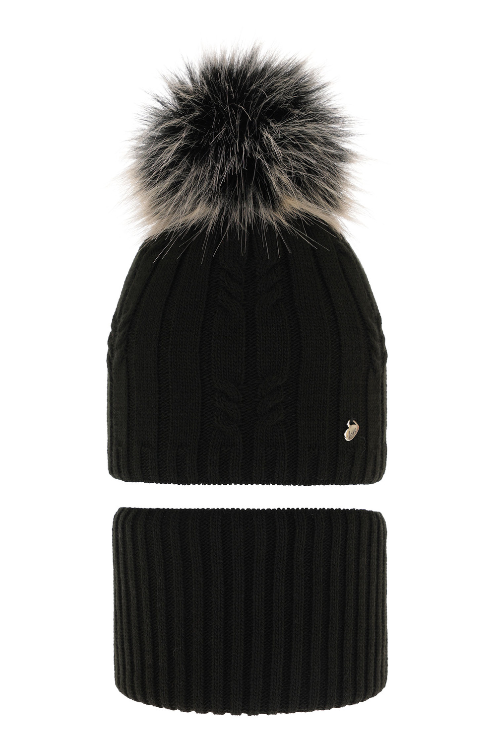 Set invernale bambina: berretto e scaldacollo, nero, con pompon, Amaltea