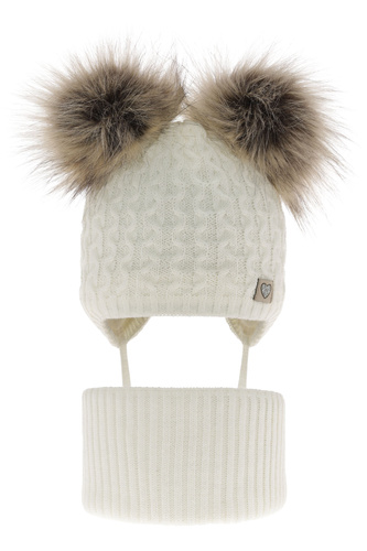 Set invernale bambina: berretto e scaldacollo, crema, con due pon pon, con lacci, Poliana