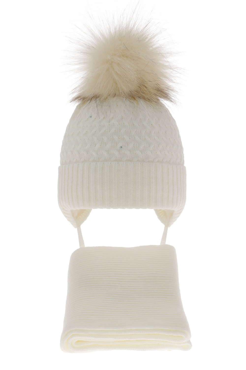 Set invernale bambina: berretto e sciarpa, crema, con pompon, con lacci, Zelta
