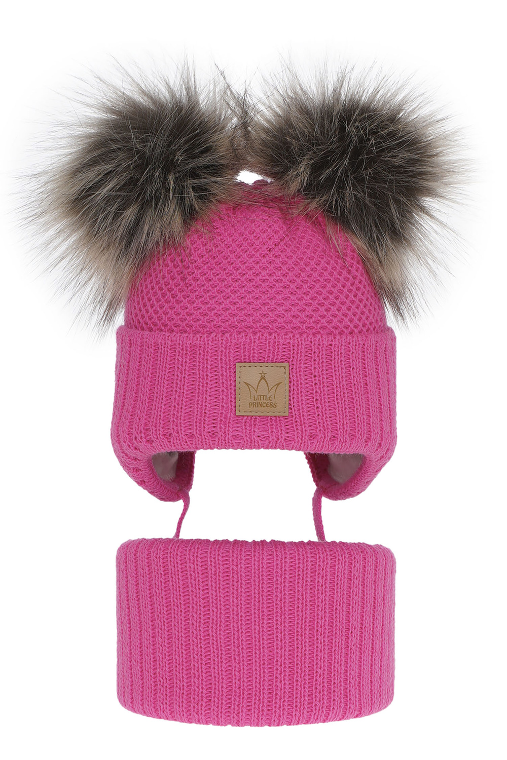 Set invernale bambina: berretto e scaldacollo, rosa, con due pon pon, con lacci, Minsi