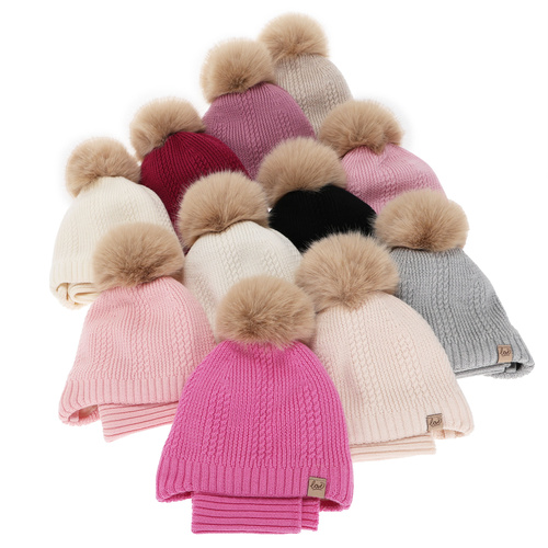 Set invernale bambina (berretto e scaldacollo), rosa, 100% Lana Merino, foderato in pile di lana, con lacci Danielle