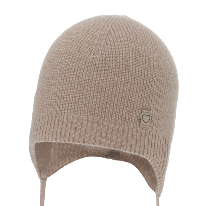 Berretto autunno/primavera bambina, beige scuro, lana merino con cashmere, con lacci, Orida