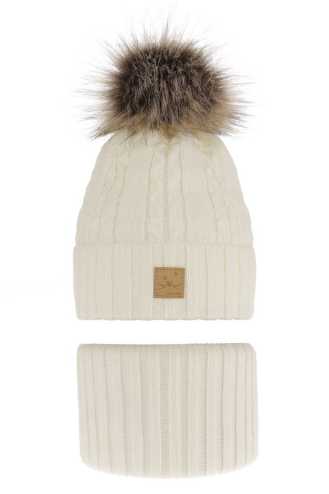 Set invernale bambina: berretto e scaldacollo, crema, con pompon, Alexia