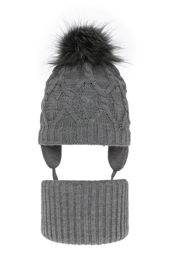 Set invernale bambina: berretto e scaldacollo, grigio, con pompon, con lacci, Elena