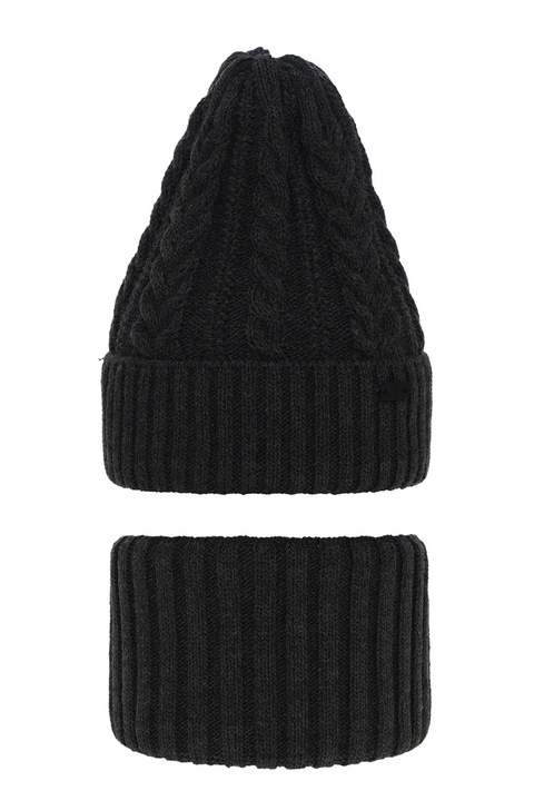 Set invernale bambino: berretto e scaldacollo, grigio scuro, con patch, Colins