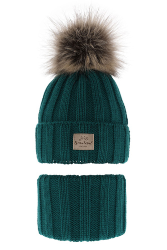 Set invernale bambina: berretto e scaldacollo, smeraldo, con pompon, Kaliope