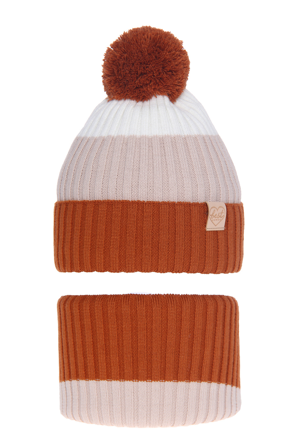 Set invernale bambina: berretto e scaldacollo, marrone, con pompon, Indiana