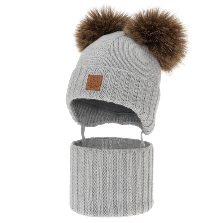 Set cappello e scaldacollo bambino, invernale, grigio, 100% lana merino, foderato pile di lana, Ronik